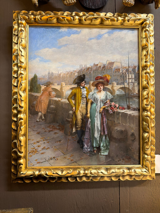 FRAMED OIL PAINTING OF A FRENCH CITY SCAPE WITH COUPLE ON A BRIDGESIGNED HENRY VICTOR LESURE (1862-1937)