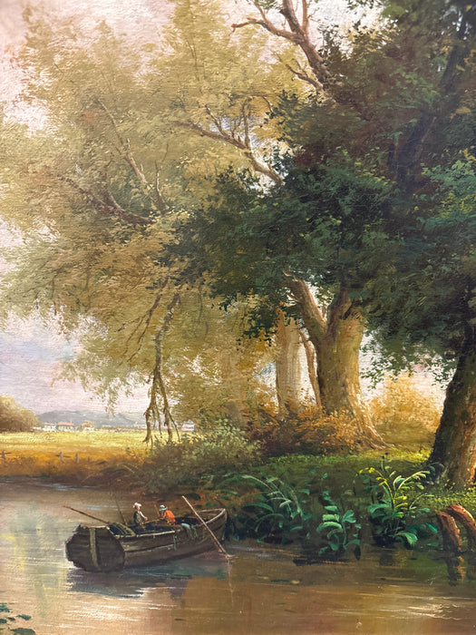 MEDIUM FRAMED LANDSCAPE OIL PAINTING WITH MOUNTAIN LAKE