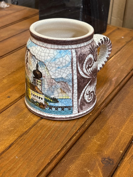 LARGE PAINTED PAINTED MUG OF LAKE HOUSE NEAR MOUNTAINS