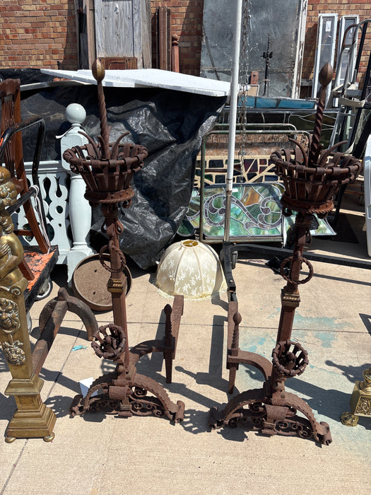 PAIR OF TALL RUSTY IRON FUNKY ANDIRONS