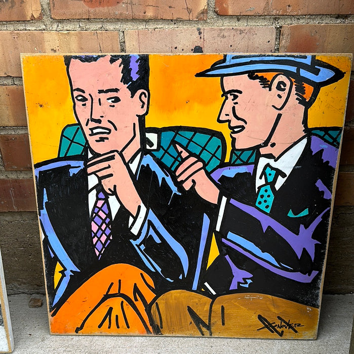 1960'S CARTOON PAINTING ON WOOD-2 MEN IN CHAIRS BY ROB CONOVER