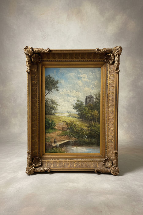 LARGE ORNATE GILT FRAMED 20TH CENTURY OIL PAINTING LANDSCAPE WITH TOWER ON CANVAS