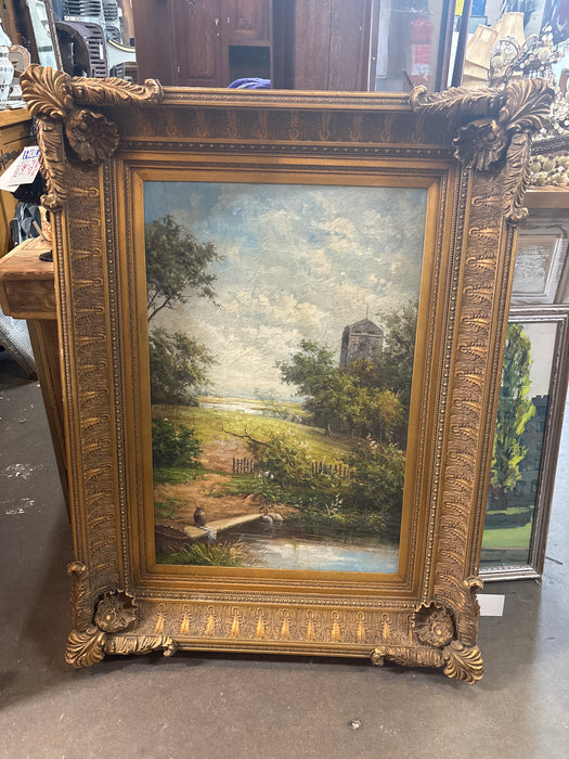 LARGE ORNATE GILT FRAMED 20TH CENTURY OIL PAINTING LANDSCAPE WITH TOWER ON CANVAS