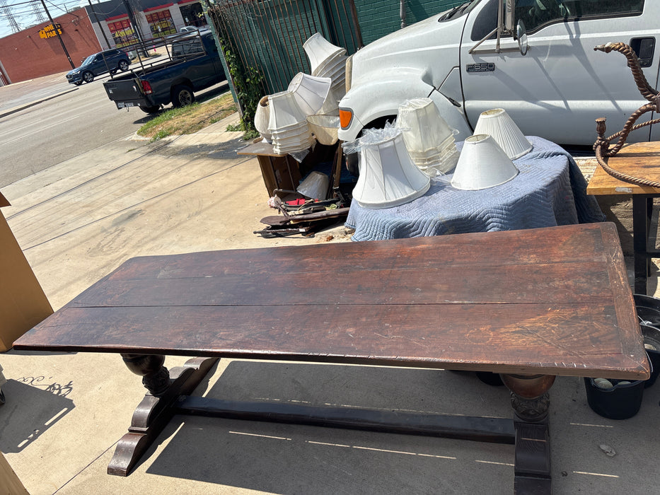 LONG DARK OAK TRESTLE BASE TABLE WITH BREAD BOARD ENDS
