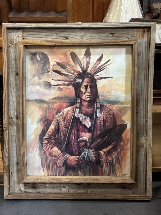 RUSTIC PINE FRAMED INDIAN YOUNG CHIEFTAIN PRINT - SIGNED - RUANE MANNING