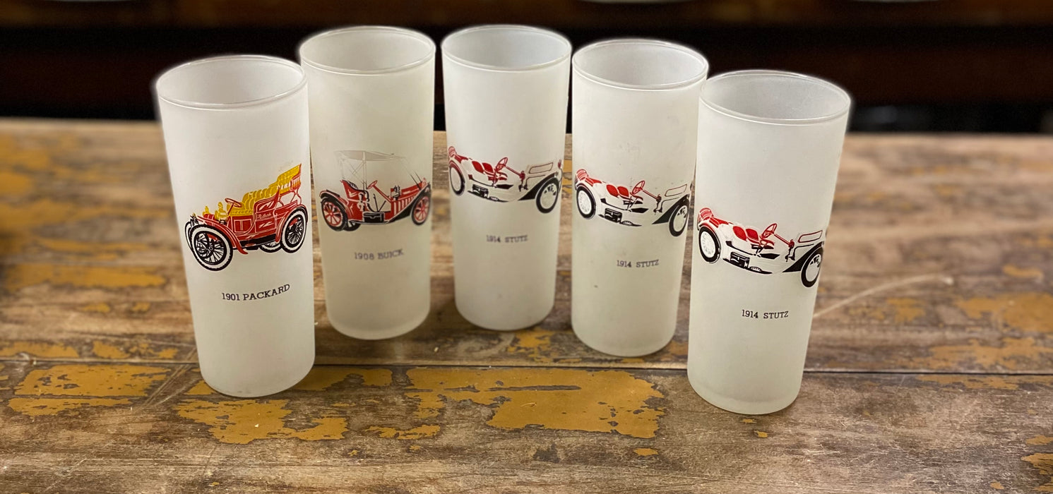 SET OF 5 FROSTED COLLINS GLASSES WITH ANTIQUE CARS