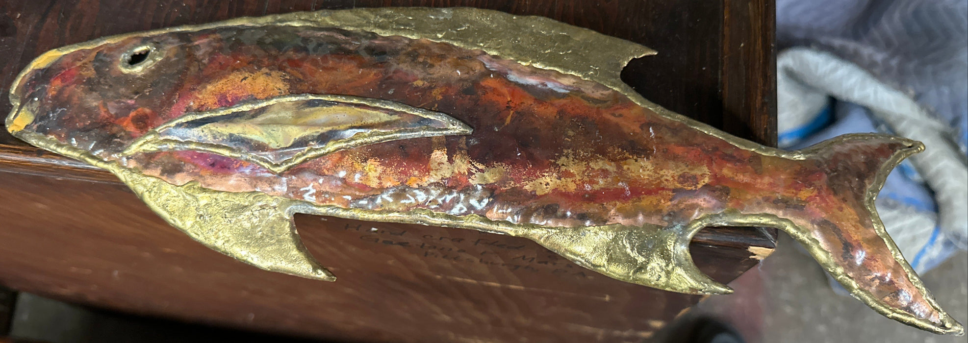 LARGE RED AND GOLD METAL FISH WALL HANGER
