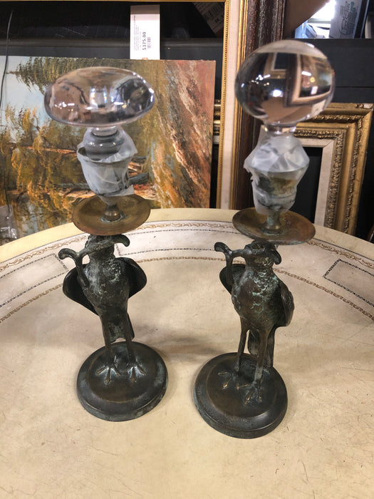 PAIR OF BRONZE BIRD WITH GLASS STOPPERS