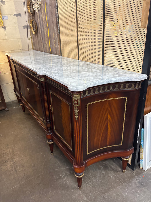 LONG MAHOGANY LOUIS XVI WHITE MARBLE TOP SIDEBOARD