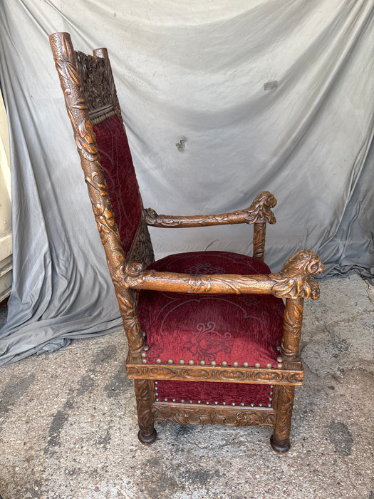 RED UPHOLSTERED LION AND EAGLE CARVED HIGH BACK THRONE CHAIR