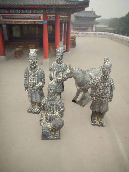 CHINESE 5 PIECE SET OF OF POTTERY HORSES AND SOLDIERS