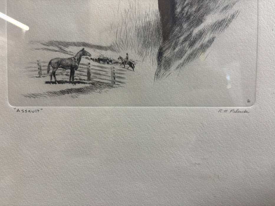 SIMPLE BLACK FRAMED PRINT OF HORSES “ASSAULT” - SIGNED R.H. PALENSKE