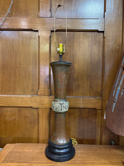 TALL COPPER AND WOOD LAMP WITH BLACK SHADE