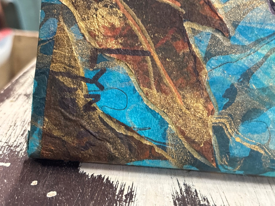 LONG UNFRAMED BLUE DECOUPAGE ART OF RACOON AND BUTTERFLIES - SIGNED LYN’15