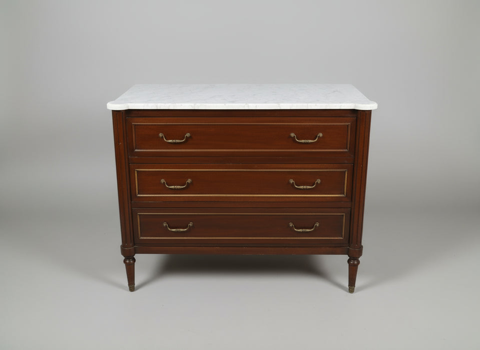 DARK MAHOGANY 3 DRAWER LOUIS XVI WHITE MABRLE TOP CHEST