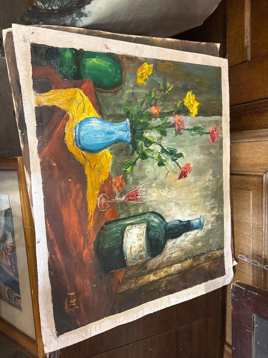 BIRDSEYE MAPLE FRAMED STILL LIFE OF WINE AND FLOWERS - SIGNED P. DYS