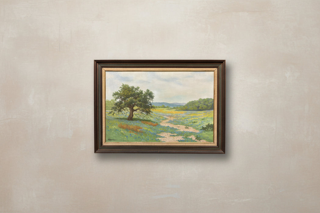 FRAMED BLUEBONNET LANDSCAPE COPY OIL PAINTING - SIGNED PORFIRO SOLINOS