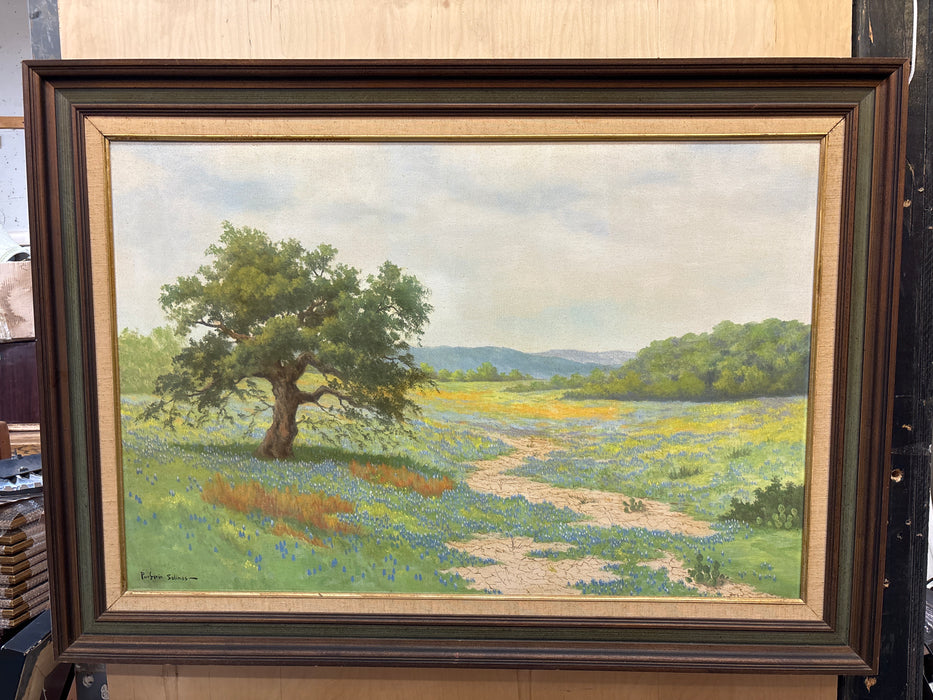 FRAMED BLUEBONNET LANDSCAPE COPY OIL PAINTING - SIGNED PORFIRO SOLINOS