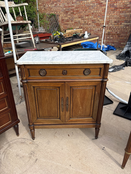 SMALL LOUIS XVI WHITE MARBLE TOP 2 DOOR MAHOGANY CONSOLE WITH DRAWER