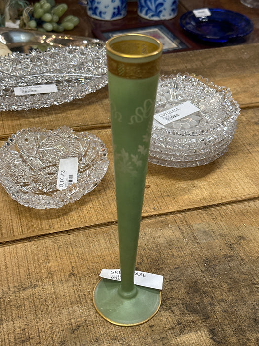 FOOTED  GREEN VASE ETCHED WITH  GOLD BAND