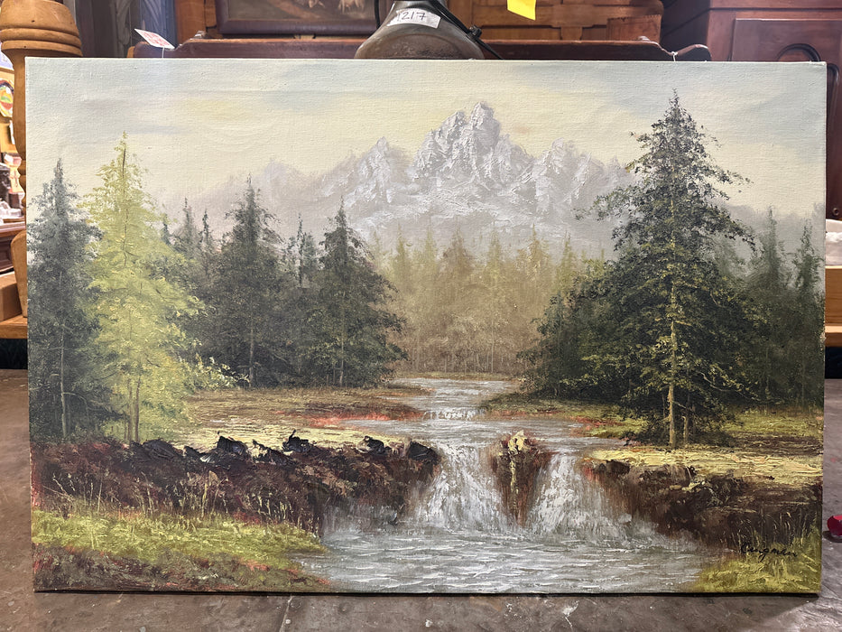 UNFRAMED LANDSCAPE OIL PAINTING OF MOUNTAINS AND A WATERFALL