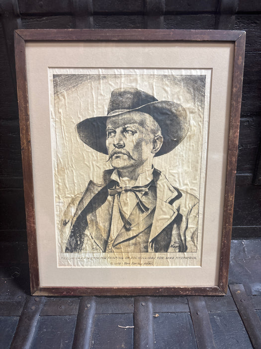 SIMPLE WOOD FRAMED PORTRAIT SKETCH OF DOC HOLIDAY - SIGNED BEN CARLTON MEAD