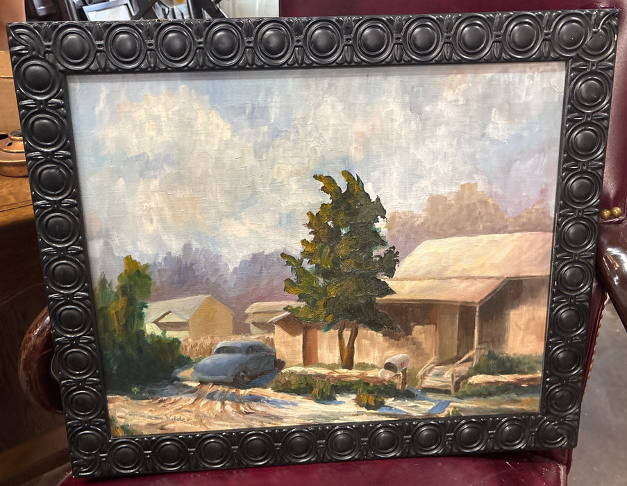 BLACK FRAMED PAINTING OF ANTIQUE BLUE CARBY HOUSE - SIGNED EMMA WILDER