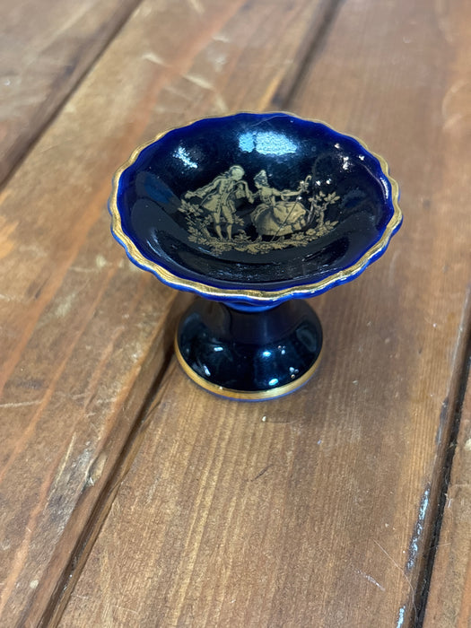 TINY COBALT BLUE AND GOLD FOOTED COMPOTE WITH COUPLE