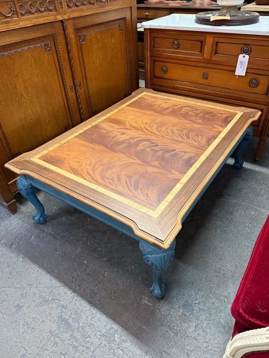 CHIPPENDALE LEG COFFEE TABLE WITH FLAME MAHOGANY TOP