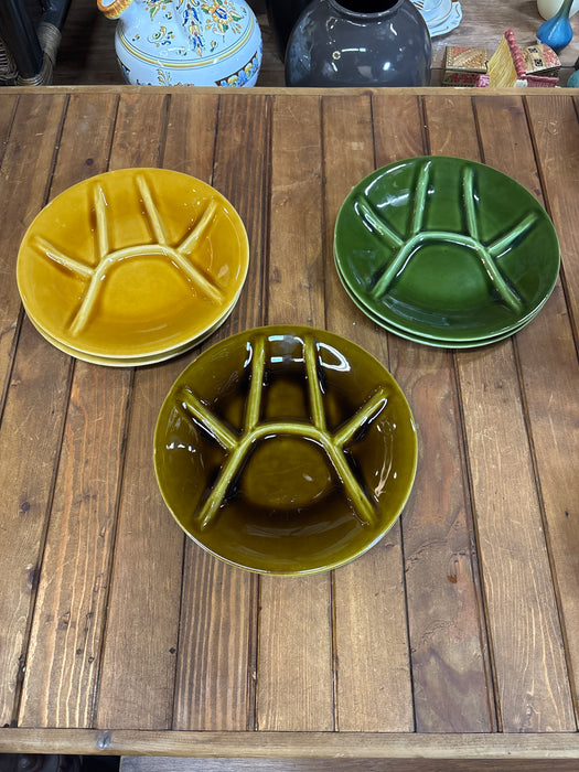 SET OF 6 GREEN, GOLD AND OLIVE DIVIDED BELGIAN PLATES