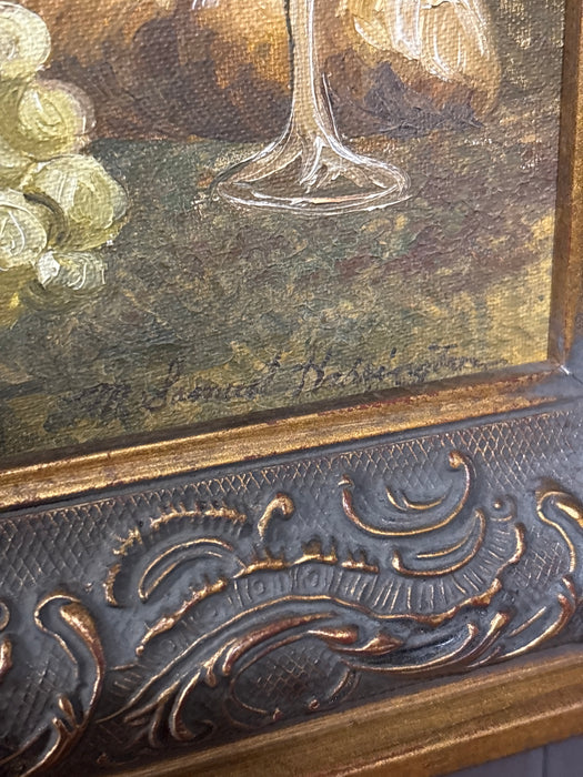 ORNATE FRAMED OIL PAINTING OF STILL LIFE WINE AND GRAPES