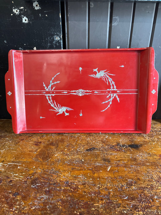 CHINESE RED LAQUER TRAY WITH MOTHER OF PEARL INLAY - AS FOUND