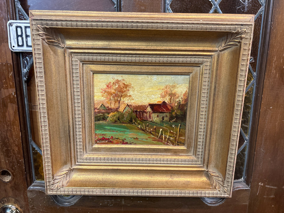 GOLD POPLAR WOOD FRAMED OIL PAINTING OF HOUSES WITH FENCE - SIGNED R. DAVIS