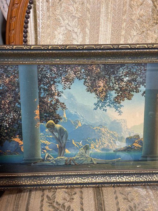 BLUE AND GOLD FRAMED REPRODUCTION OF "DAYBREAK" - BY MAXFIELD PARRISH