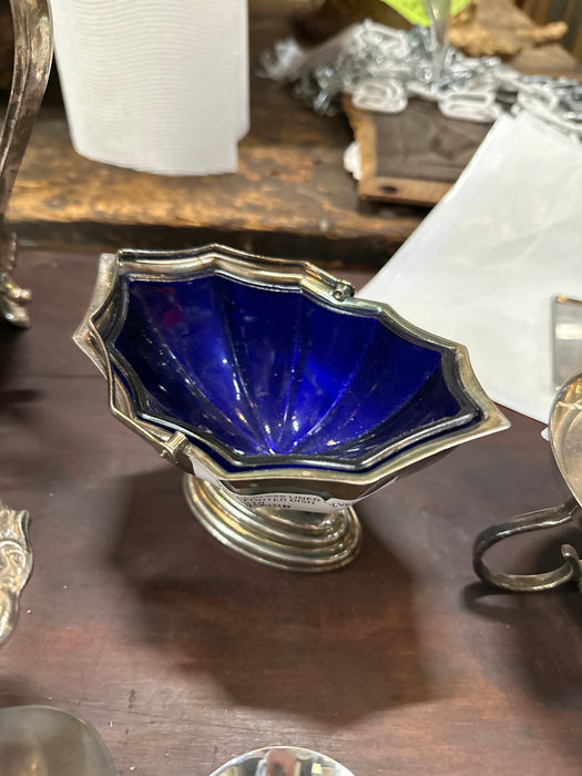 COBALT GLASS LINED SILVER PLATE FOOTED DISH