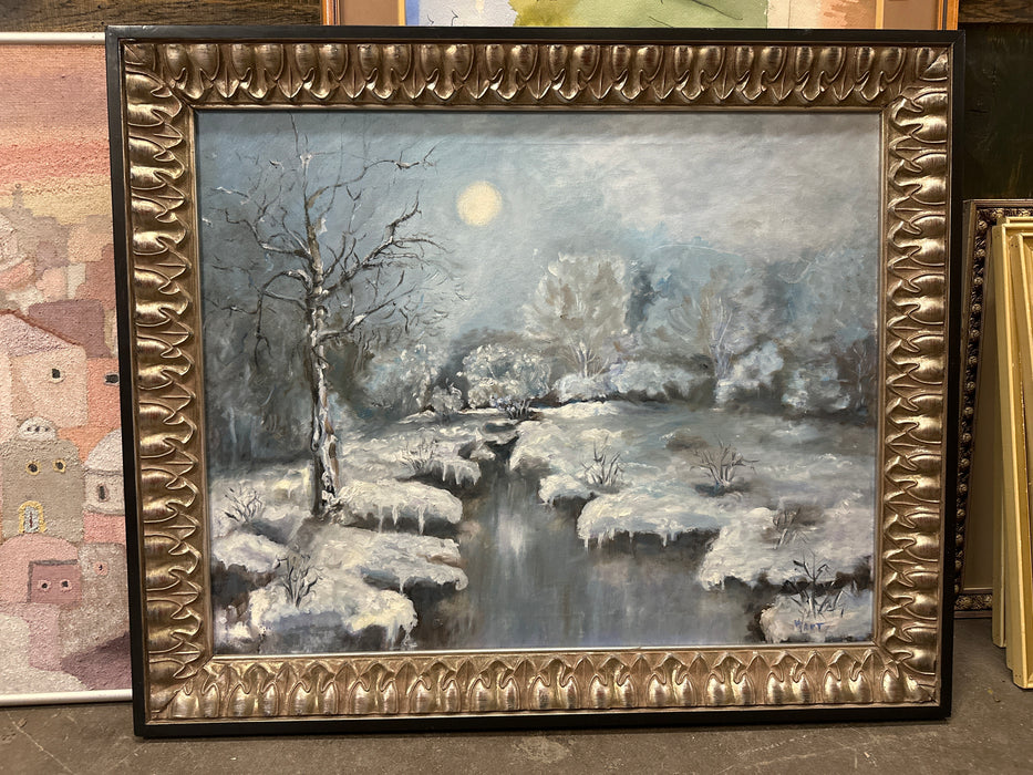 SIGNED WINTER SCENE WITH BLACK AND GOLD ORNATE FRAME