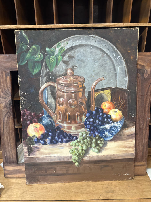 LARGE UNFRAMED STILL LIFE OF FRUIT AND COPPER POT