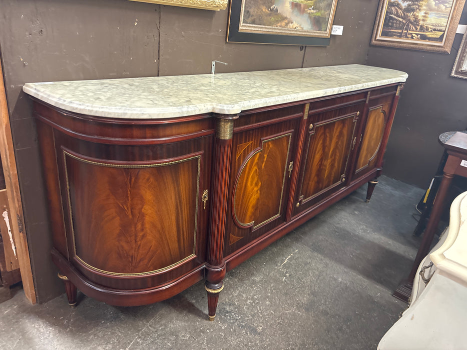 LONG LOUIS XVI WHITE MARBLE TOP MAHOGANY CURVED END SIDEBOARD