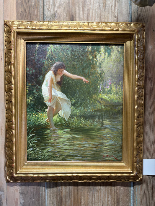 FRAMED SEMI NUDE OIL PAINTING ON BOARD SIGNED JOSEPH TOMANEK  (1889-1974)