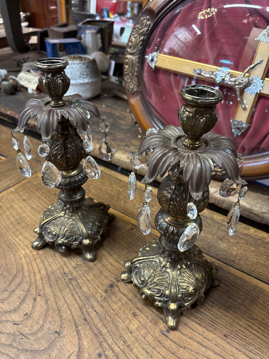 PAIR OF CRYSTAL ALMOND PRISM ROCOCO METAL CANDLESTICKS