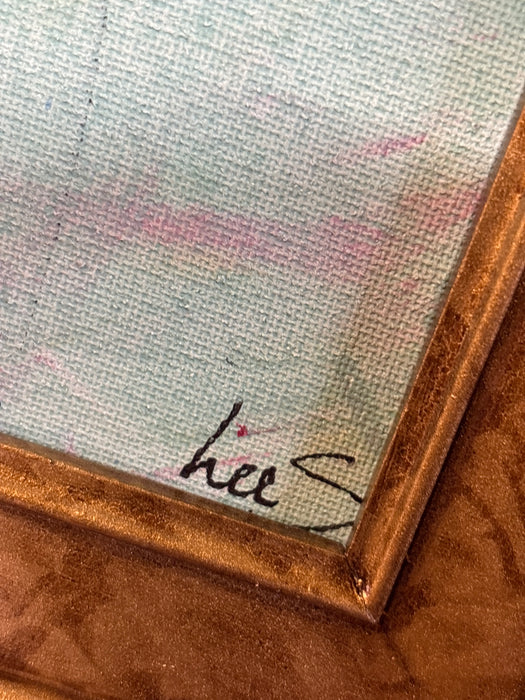 BLACK CRACKLE GOLD FRAMED PAINTING OF BLUE BIRD - SIGNED LEE S