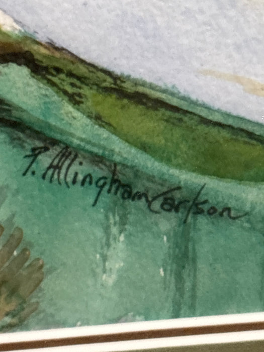 FRAMED MID CENTURY SURREALIST WATERCOLOR PAINTING WITH FACE AND VILLAGE SIGNED BY PATRICA ALLINGHAM CARLSON
