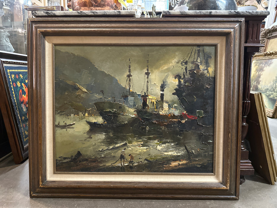 DURVAL PEREIRA LARGE IMPASTO SHIPS AT WHARF OIL PAINTING