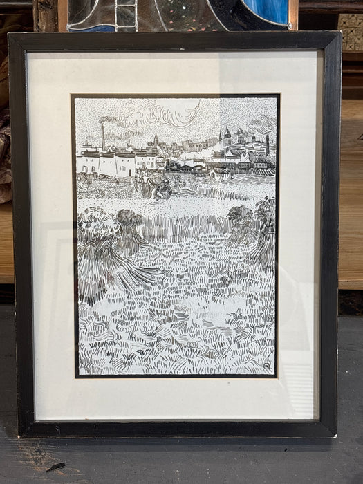 SIMPLE BLACK FRAMED BLACK AND WHITE PRINT OF BACKGROUND VILLAGE - NOT OLD - SIGNED VINCENT