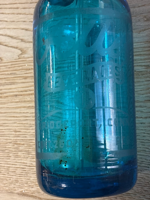 ETCHED BLUE GLASS SELTZER BOTTLE