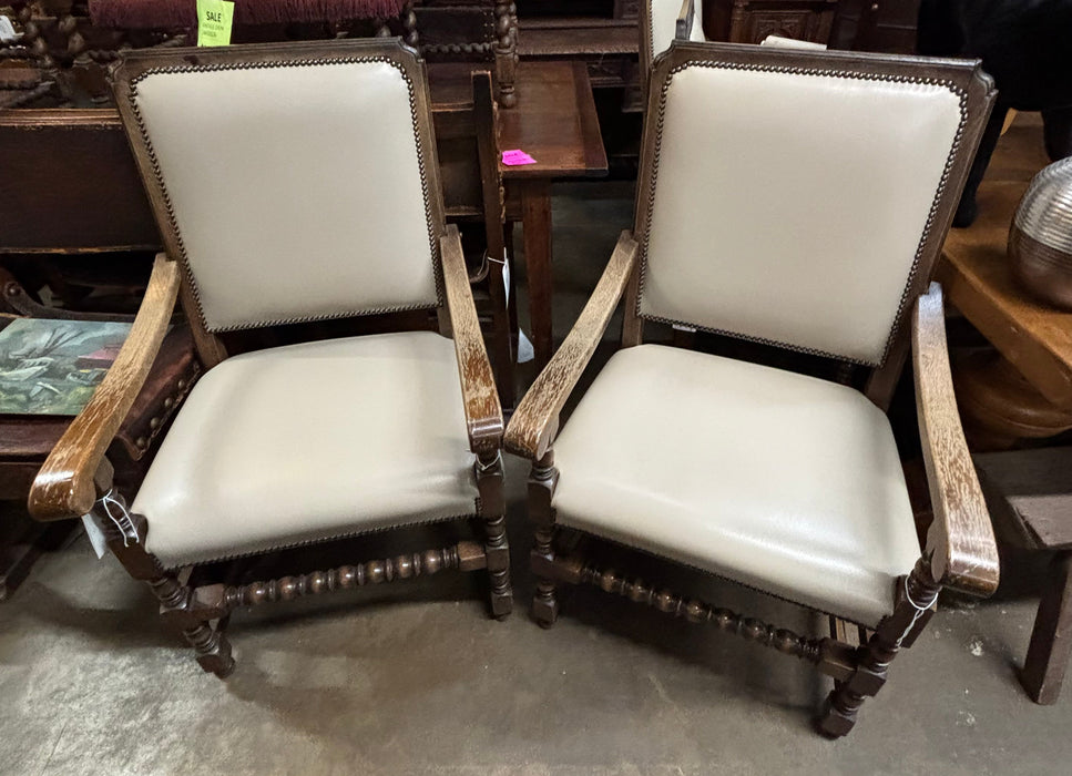 PAIR OF 2 OAK AND BEIGE LEATHER ARM CHAIRS