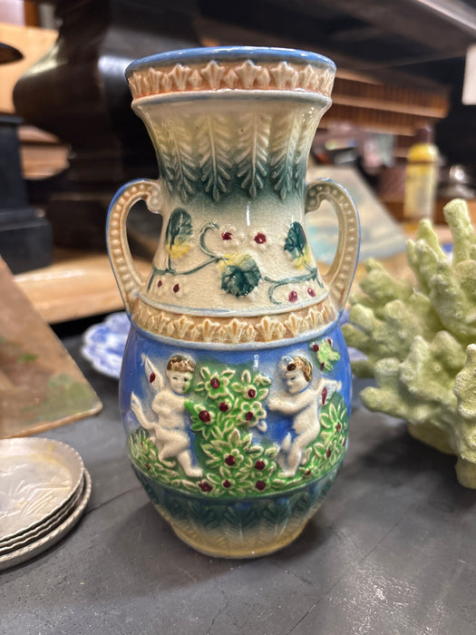 SMALL BLUE, GREEN AND CREAM JAPANESE CHERUB VASE WITH HANDLES