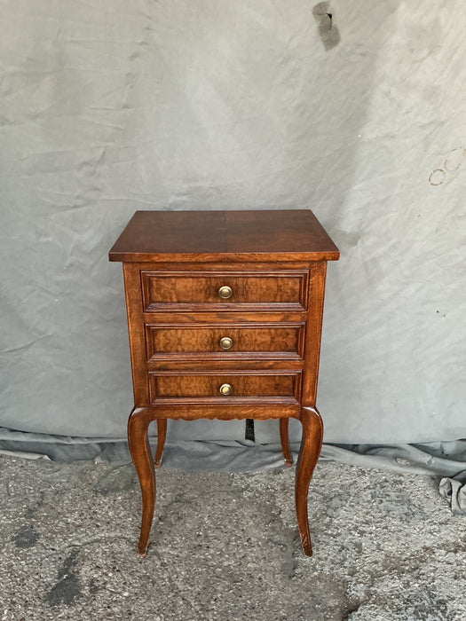BURLED CABRIOLE LEG 3 DRAWER SMALL CHEST