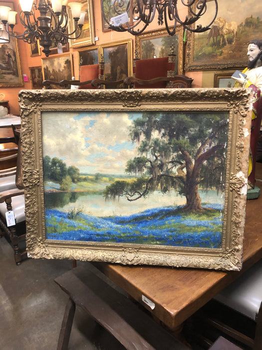 FRAMED BLUE BONNET AND TREE OIL PAINTING SIGNED BY DOLLY NABINGER- AS FOUND