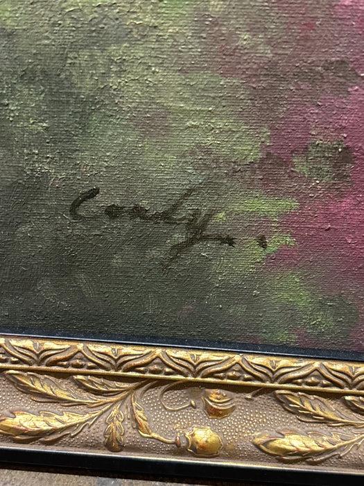 LARGE ORNATE FRAMED OIL PAINTING OF EXOTIC BIRDS ON BRANCH - SIGNED